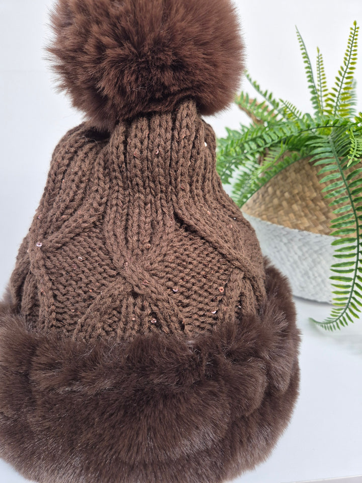 Oslo Fur Fur Pom Pom Hat with Sequins - Chocolate