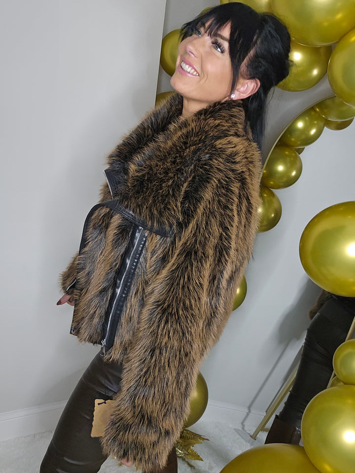 Oslo Faux Fur Jacket with Shawl Collar & Zip (One Size - fits from 10 up to Size 16) - Chocolate