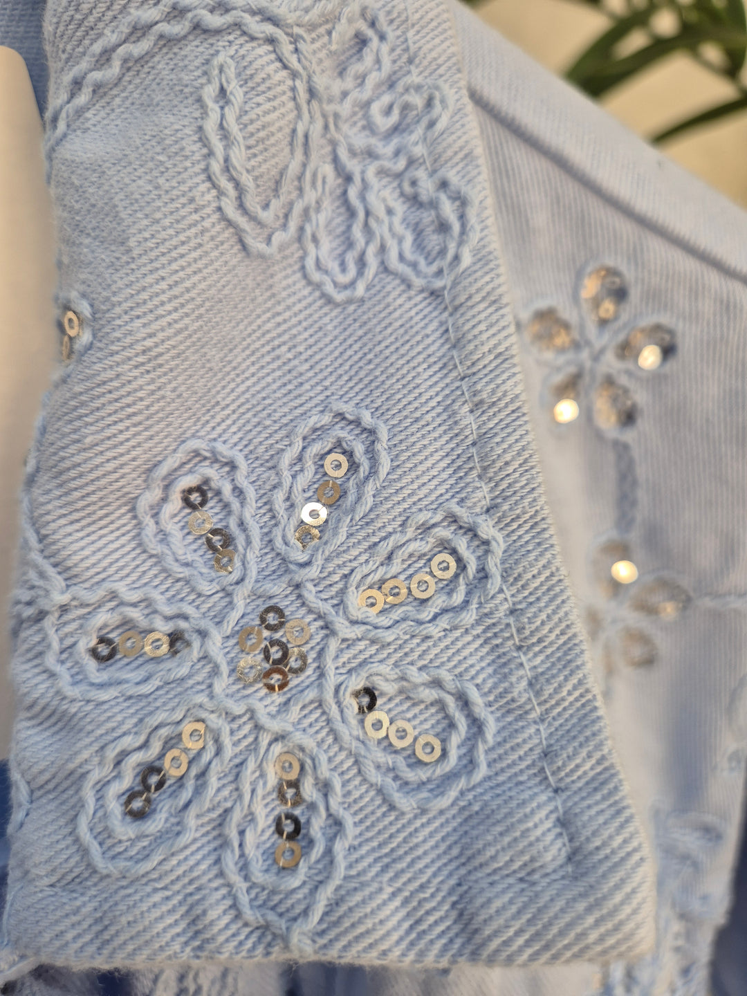 Dana Floral Sparkly Denim Shacket - Powder Blue (One Size/Curvy, fitting from Size 10/12 up to Size 18)