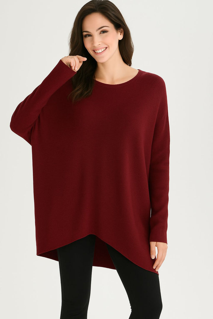 Simone Subtle Sparkle Hi Lo Jumper - Wine - (One Size/Curvy, fits from Size 12/14 up to Size 18)