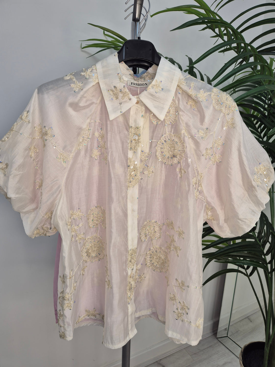 Patsy Puffball Sleeve Sparkly Blouse (One Size, fits from Size 10/12 up to Size 16) - Cream