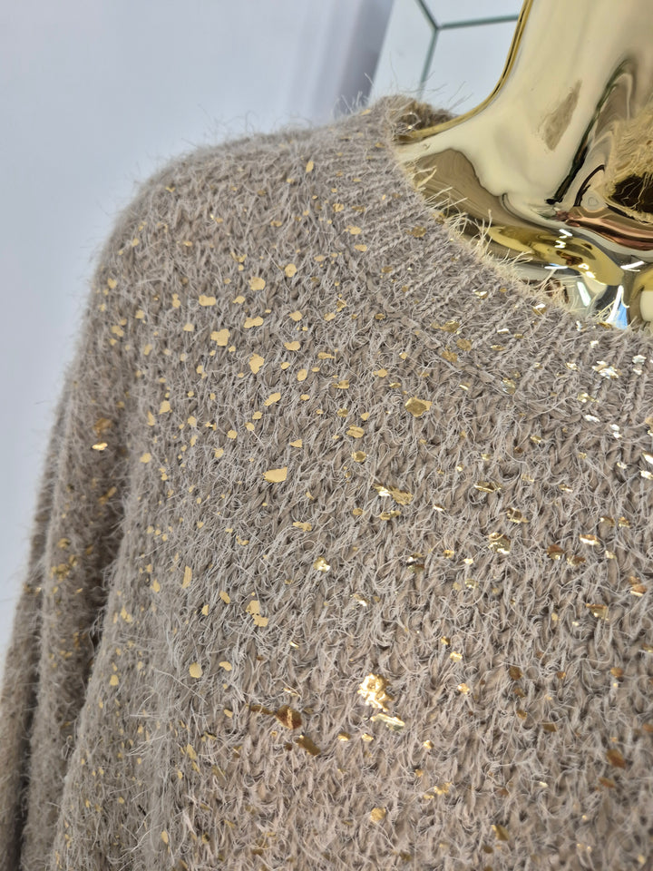 Gold Foil Sparkle Jumper - Biscuit (One Size, fits Size 10 up to Size 16)