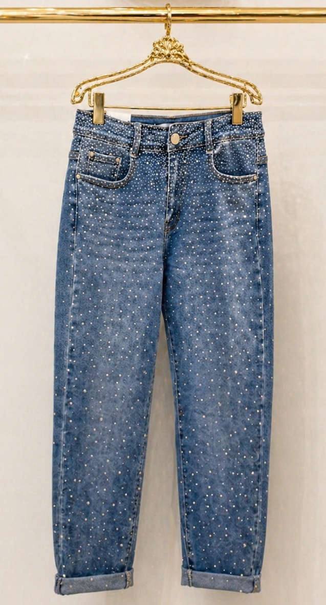 Sparkly Diamante Crystal Mom Jeans - Stonewashed (choose your Size)