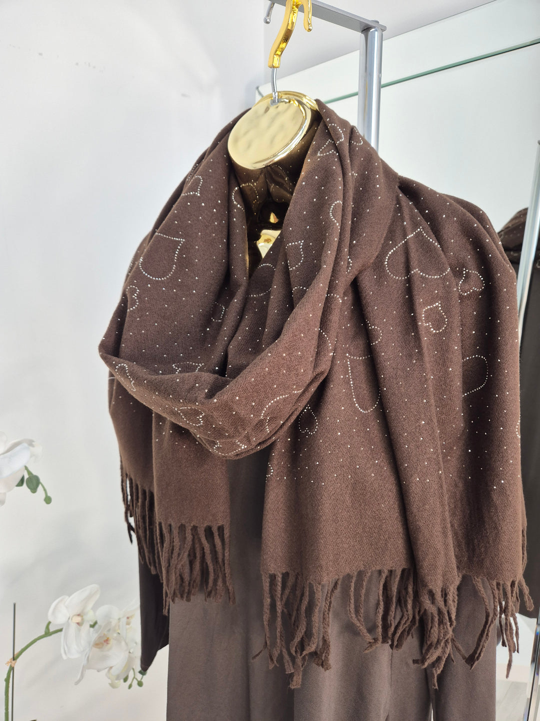 Sparkly Hearts Oversized Fringed Scarf - Chocolate