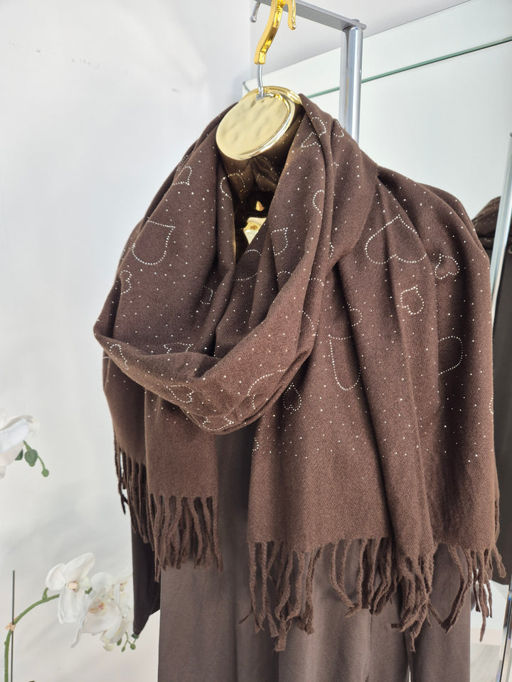 Sparkly Hearts Oversized Fringed Scarf - Chocolate