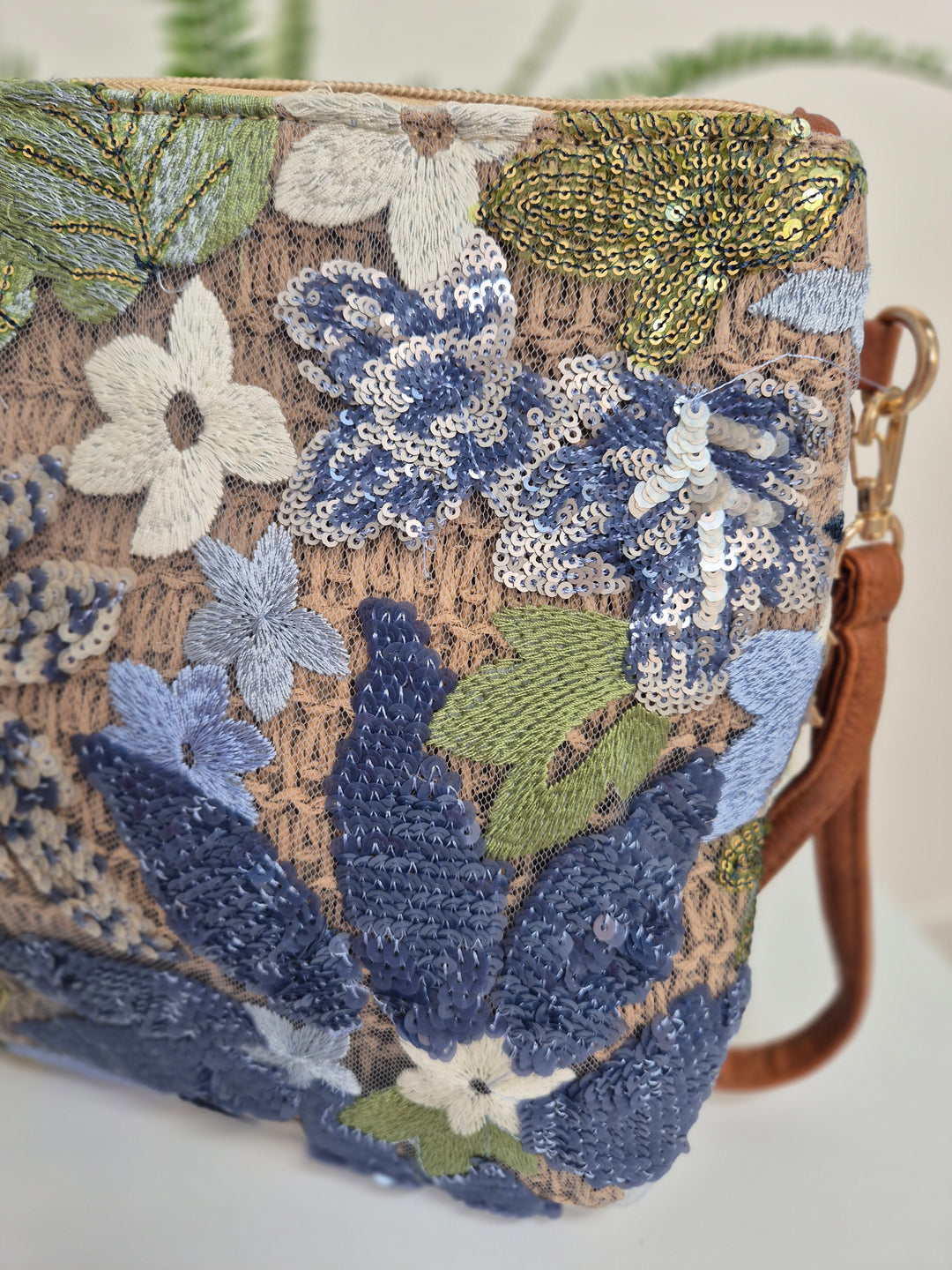 Floral Sequins Clutch Wristlet Bag - Blues