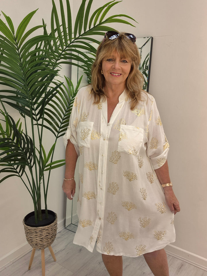 Ibiza Tree of Life Shirt Dress - White/Gold (Loose Fit)