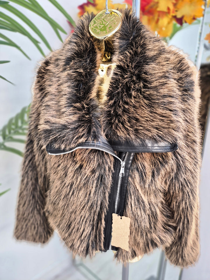 Oslo Faux Fur Jacket with Shawl Collar & Zip (One Size - fits from 10 up to Size 16) - Chocolate