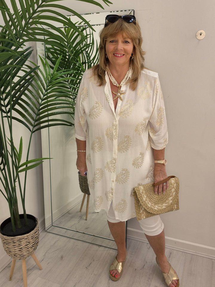 Ibiza Paisley Shirt Dress - White/Gold (Loose Fit)