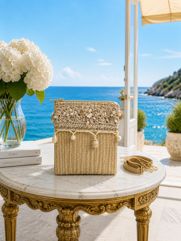 Beaded Raffia Cross Body Bag - Shells/Crystals/Pearls - Natural