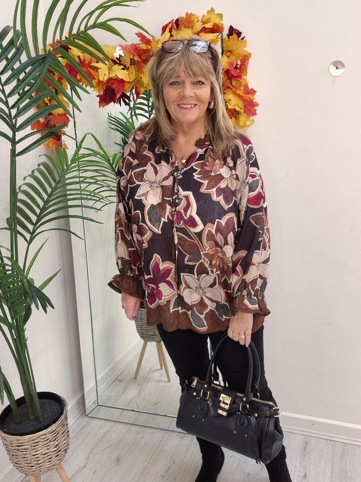 Floral Autumn Blouse - Black/Wine/Chocolate (fits from Size 12/14 to Size 18/20)