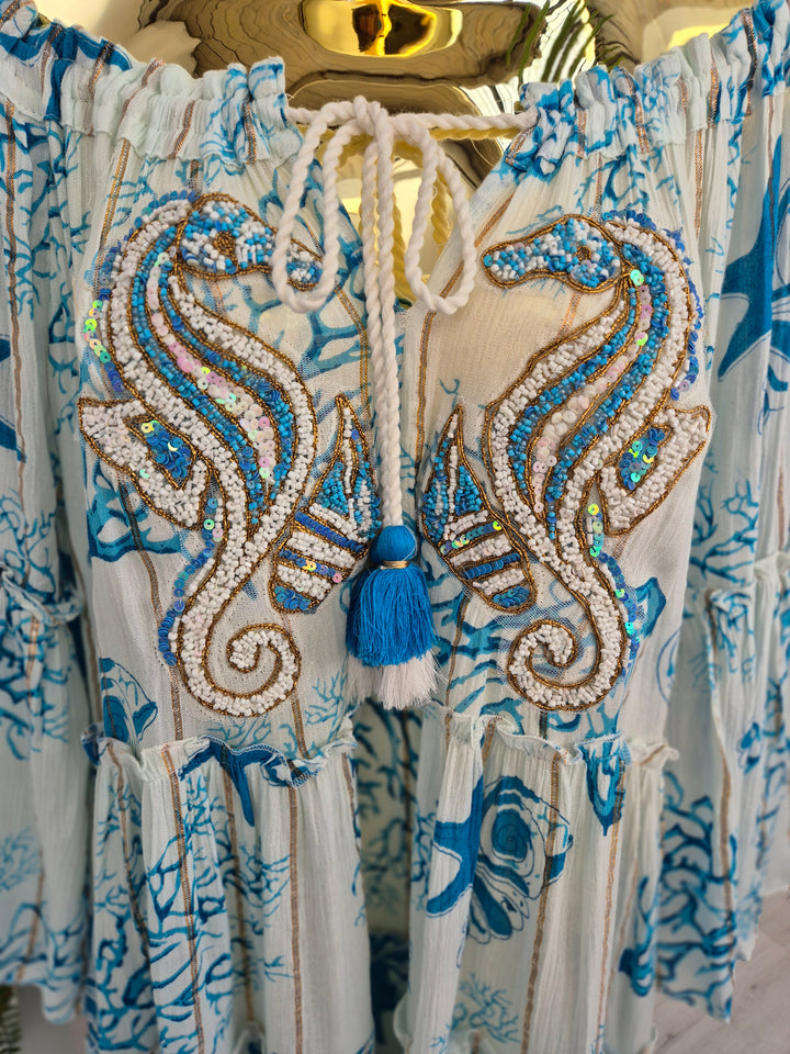 Seahorses Beaded Bardot Dress - Aqua (Oversized)