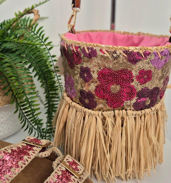 Sequin Straw Bag with Long Adjustable Strap - Pink Multi Sequins