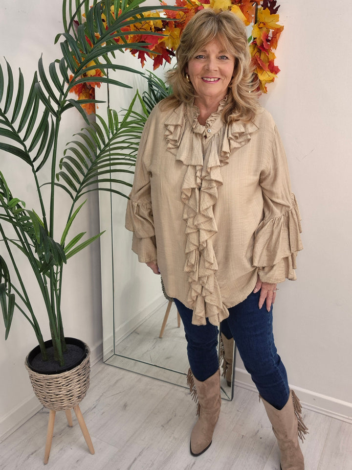 Rhea Ruffle Blouse - (One Size, fits from Size 14 up to Size 18/20) - Champagne