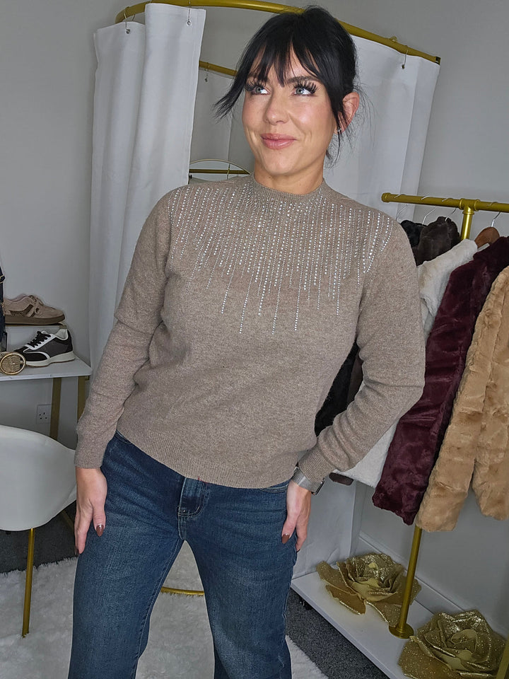 Krystle Diamante High Neck Jumper - Mocha (One Size, fits from Size 8 up to Size 14)