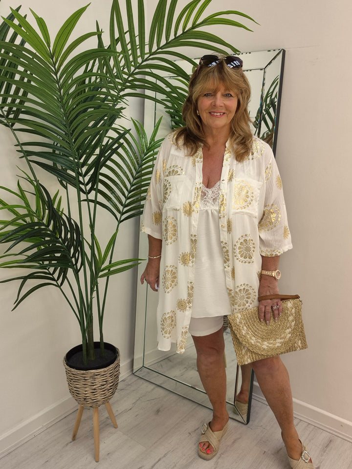 Ibiza Florals Shirt Dress - (Loose Fit) - White/Gold