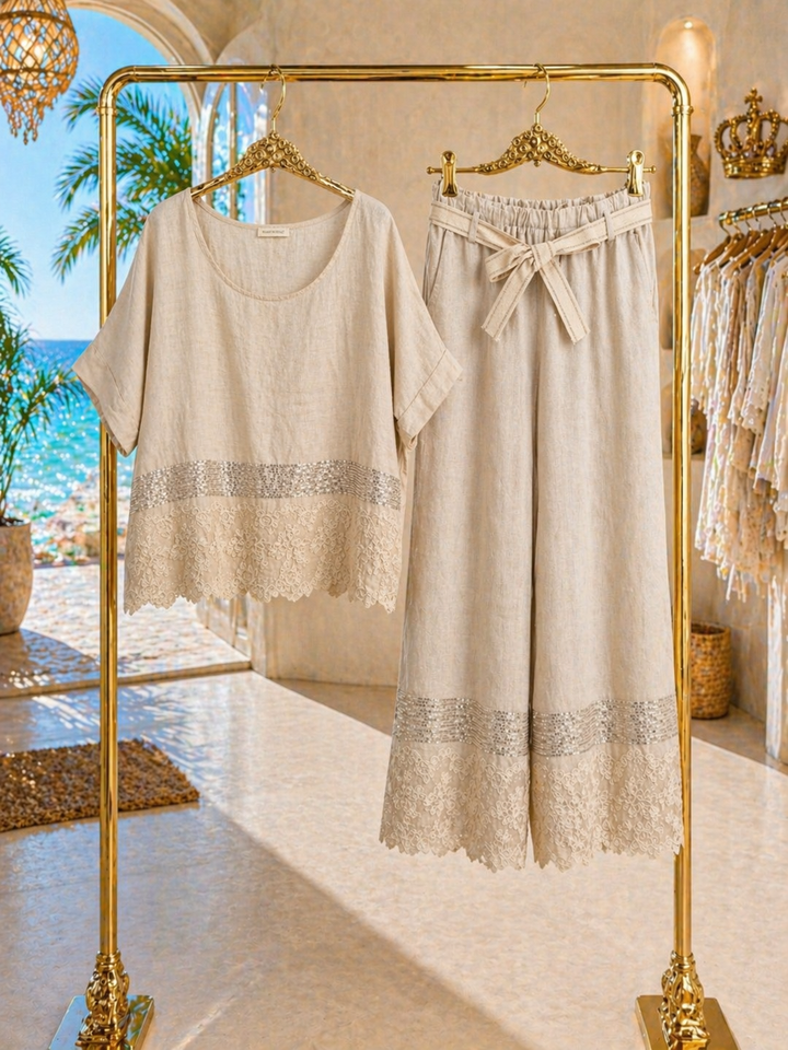 Amalfi Linen Sequin Co-ord Set (2 Piece) - (One Size, fits from Size 12 to Size 16/Small 18) - Beige