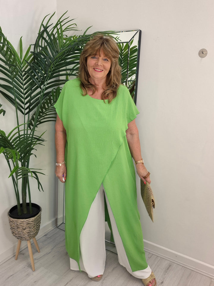 Sassi Crossover Longline Tunic & Wide Leg Pants Co-ord Set  - Lime/White