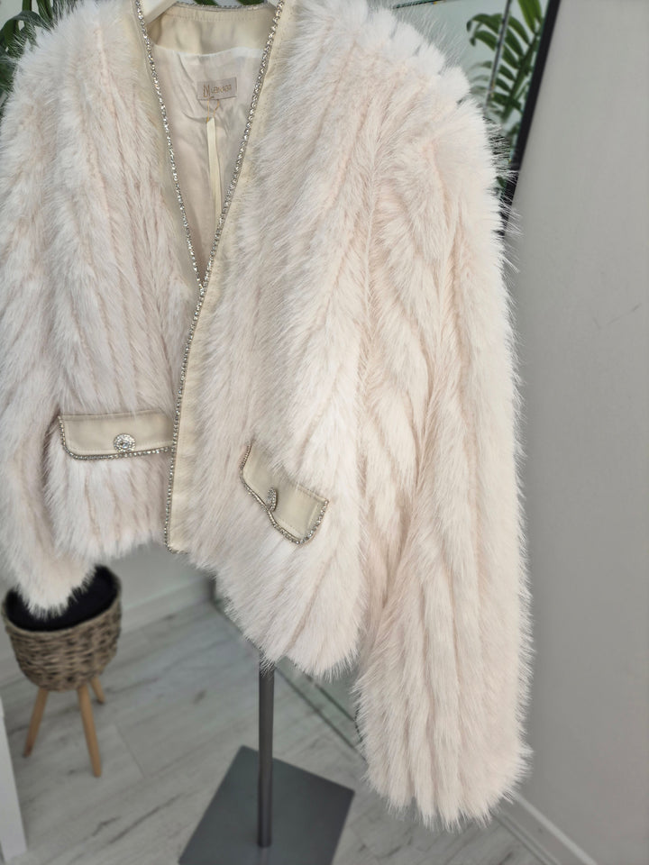 Oslo Crystal Faux Fur Jacket - Winter White - (One Size fits from Size 10 to Size 16)