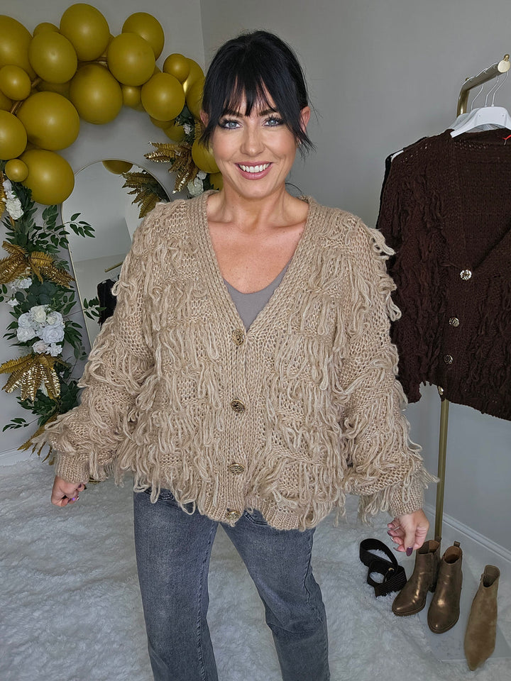 Shaggy Cardigan with Gold Buttons (Oversized) Long Length - Camel