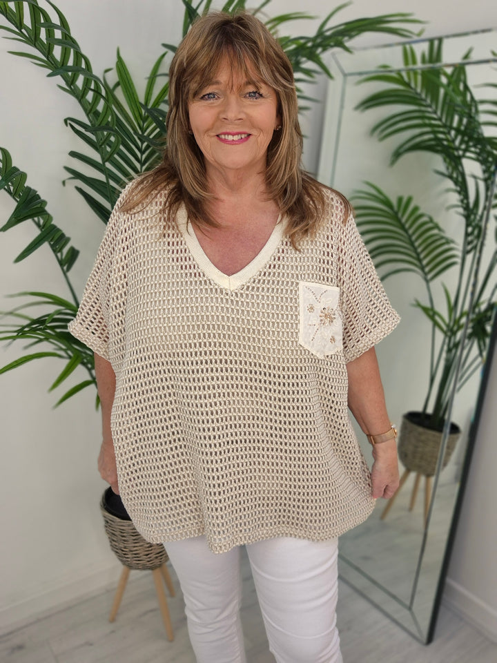 Anna Beaded Crochet Metallic Mesh Top - (choose your Colour) (Curvy)