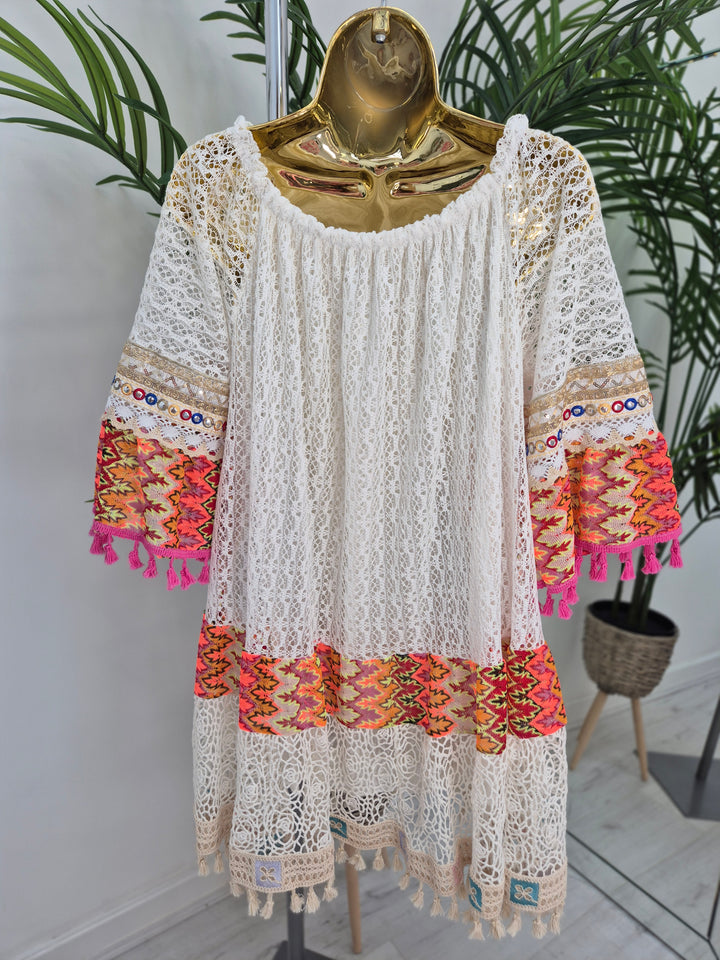 Trinidad Bardot Kaftan/Beach Dress - White/Multi (Oversized)