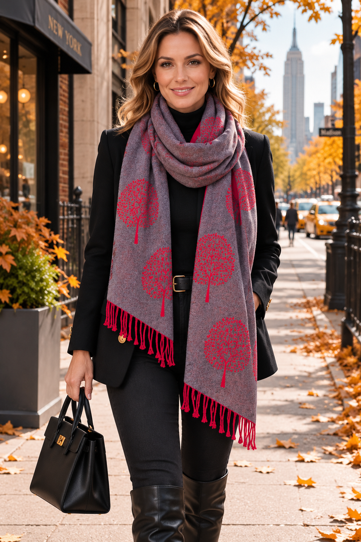 Cashmere Reversible Scarf with Fringing - Red/Grey
