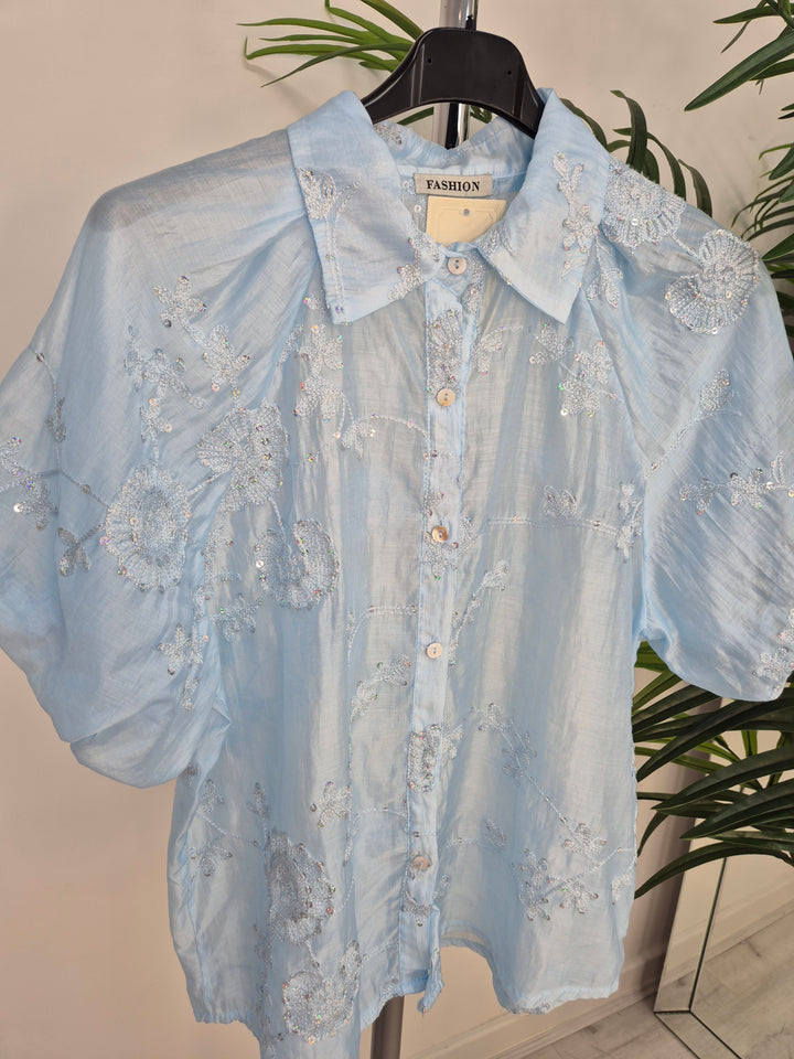 Patsy Puffball Sleeve Sparkly Blouse (One Size, fits from Size 10/12 up to Size 16) - Blue