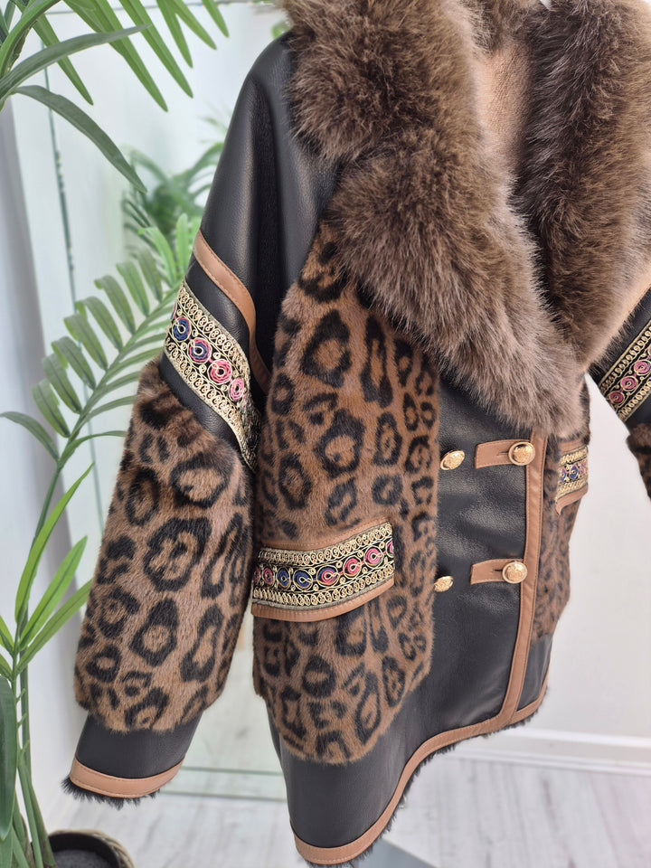 Oslo Faux Fur/Faux Leather Jacket - Chocolate Leopard - (Oversized fits Size 12/14 to Size 18/20/20)