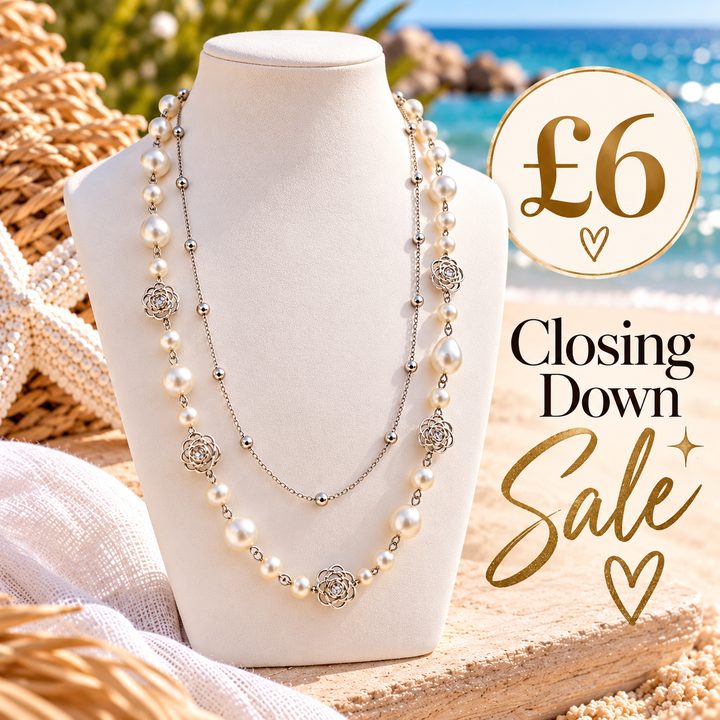 Pearl & Camelia Flower with Crystals Necklace - Double Stranded (Silver Tone)