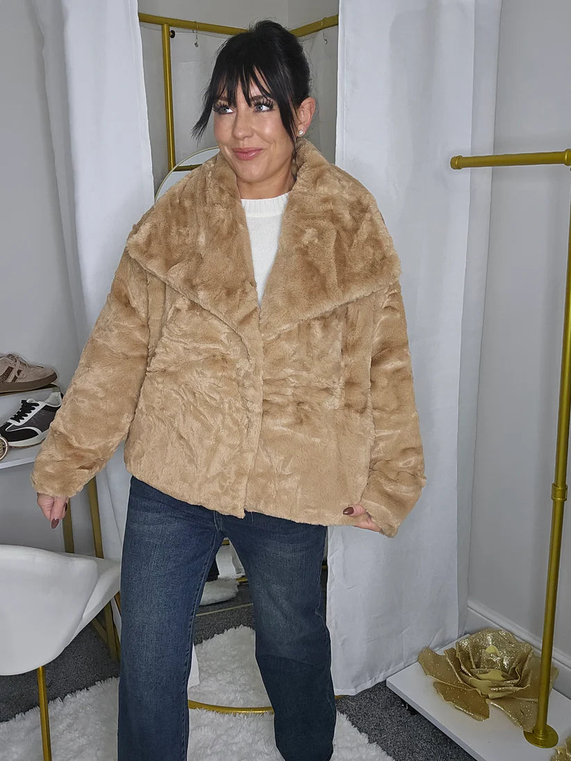Oslo Faux Fur Medium Length Coat - Camel (One Size - fits from Size 10/12 up to Size 16/18)