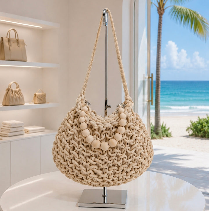 Crochet Bag with Wooden Beads with Long Handle - Beige
