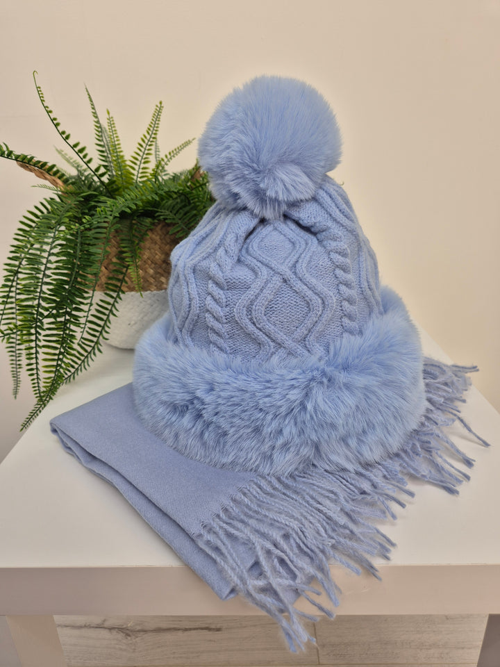 Oslo Faux Fur Pom Pom Cable Hat & Soft Feel Brushed Tassel Scarf Bundle - Powder Blue