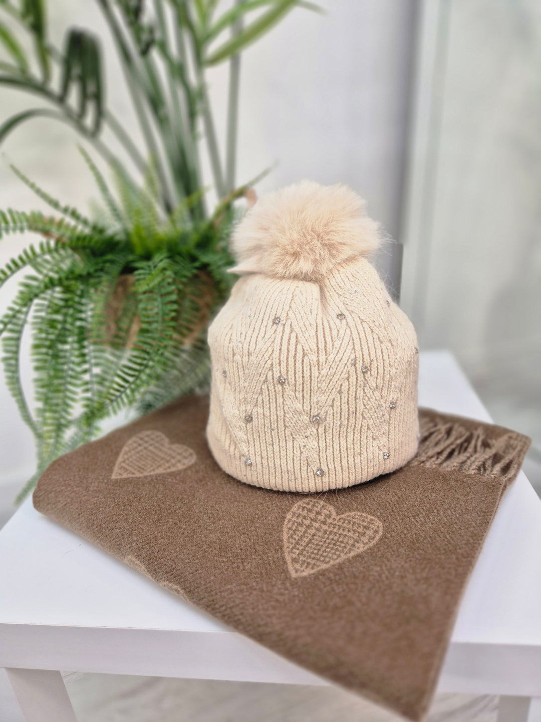 Oslo Fur Fur Pom Pom Hat with Crystals & Metallic Thread - Cream