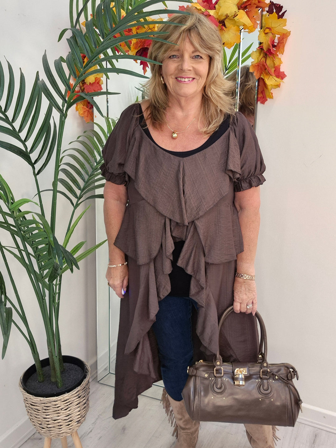 Rhea Ruffle Hi Lo Blouse - Chocolate - One Size fits up to Size 16/18