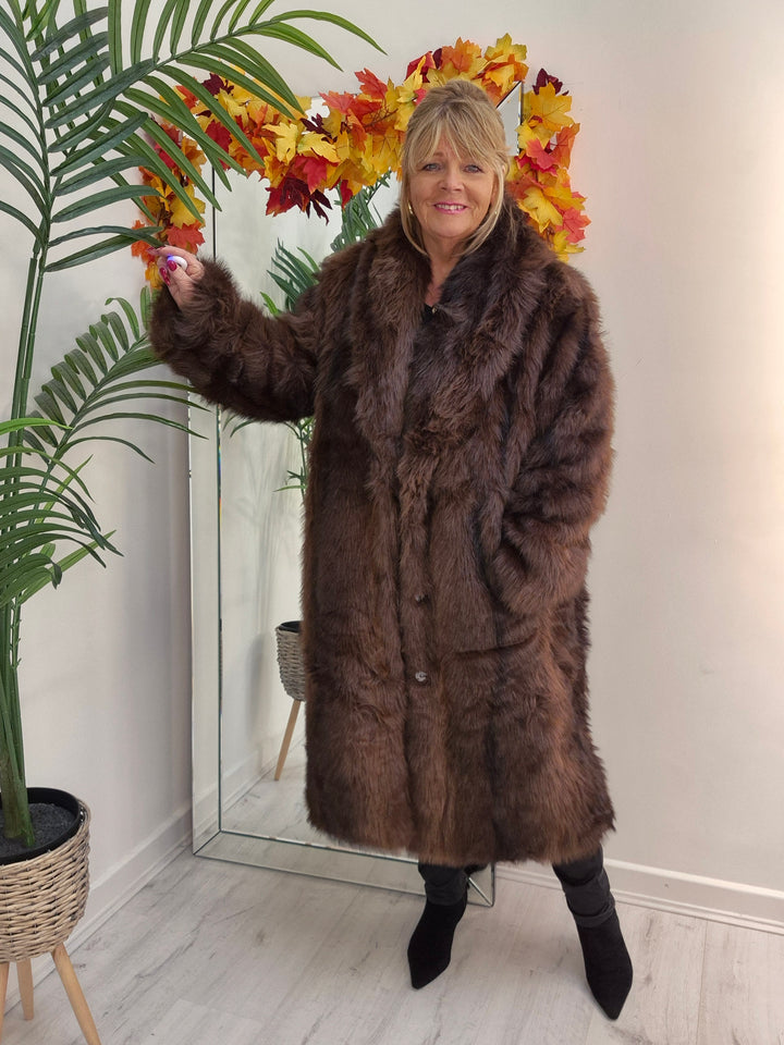 Oslo Fluffy Faux Fur Coat - Chocolate (choose your Size)