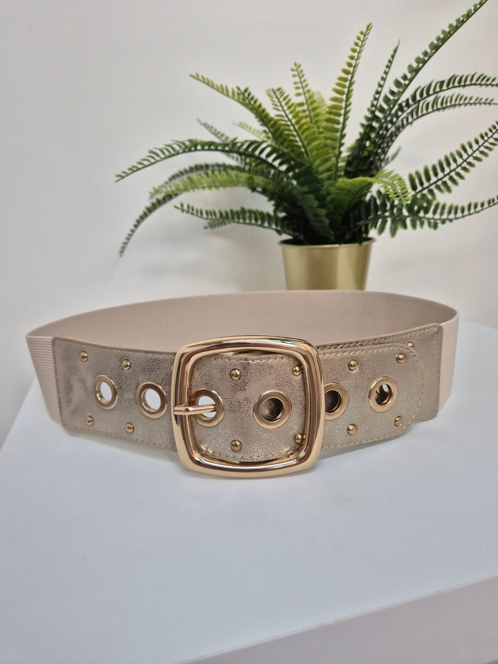 Stretchy Belt with Large Buckle - Gold/Beige