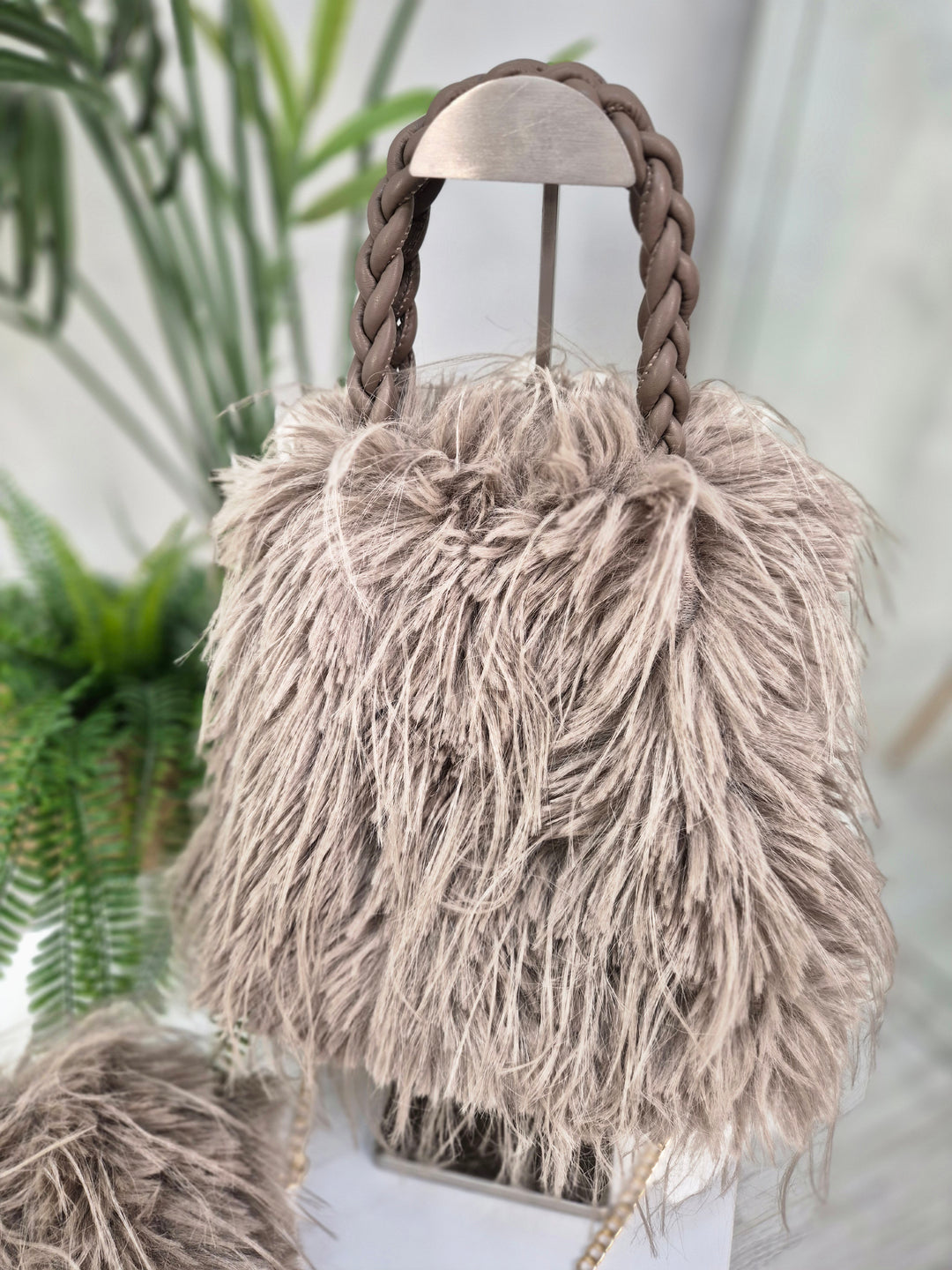 Oslo Faux Fur Shaggy Bag with Dual Handles & Chain Strap - Mocha
