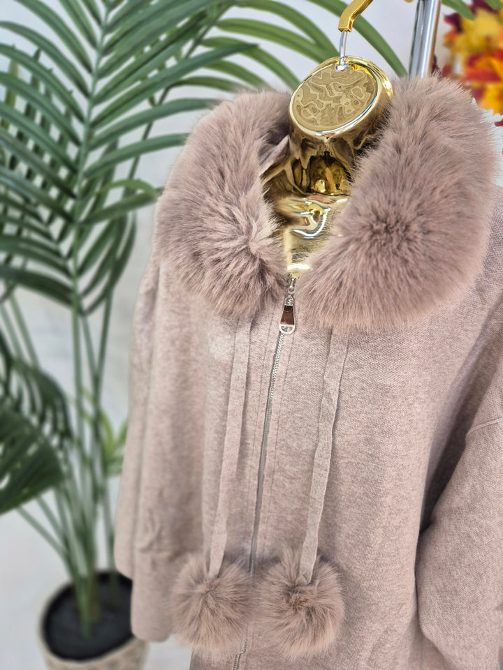 Oslo Faux Fur Hoodie/Cardigan/Jumper - Mocha (One Size fits from Size 12 up to Size 20)