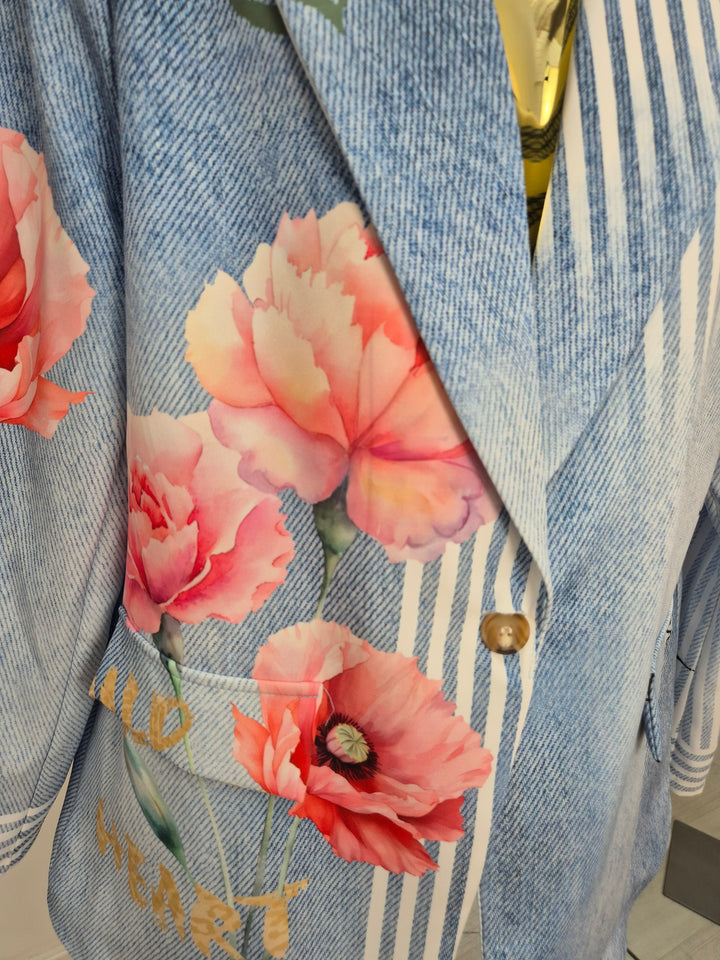 Pin Stripe Floral Blazer - Blue/White