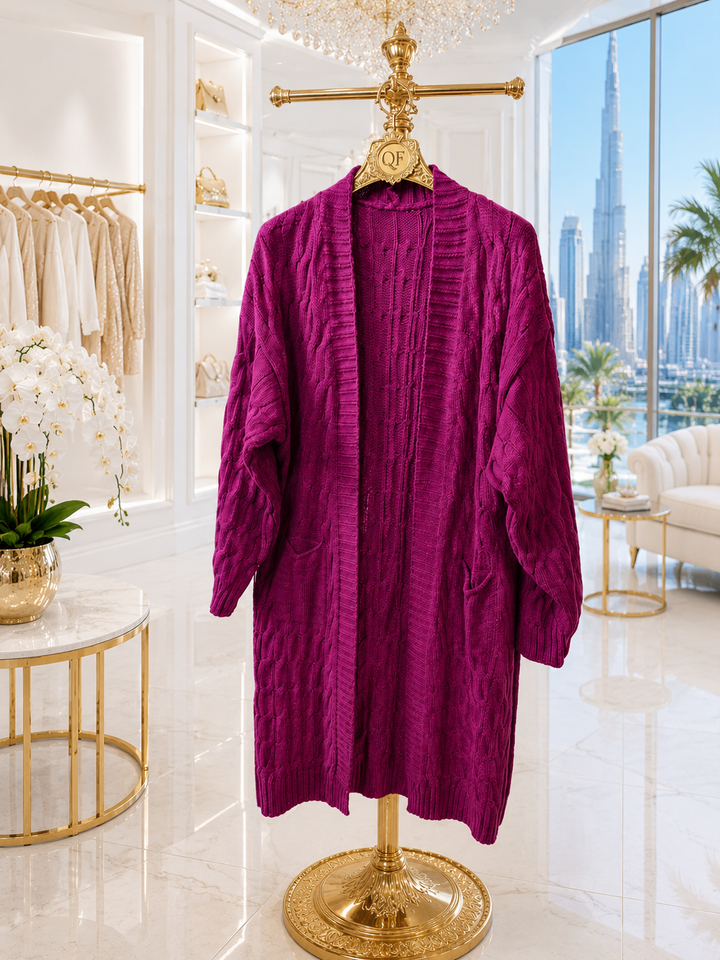 Kensington Longline Cable Knit Cardigan - Berry (One Size)