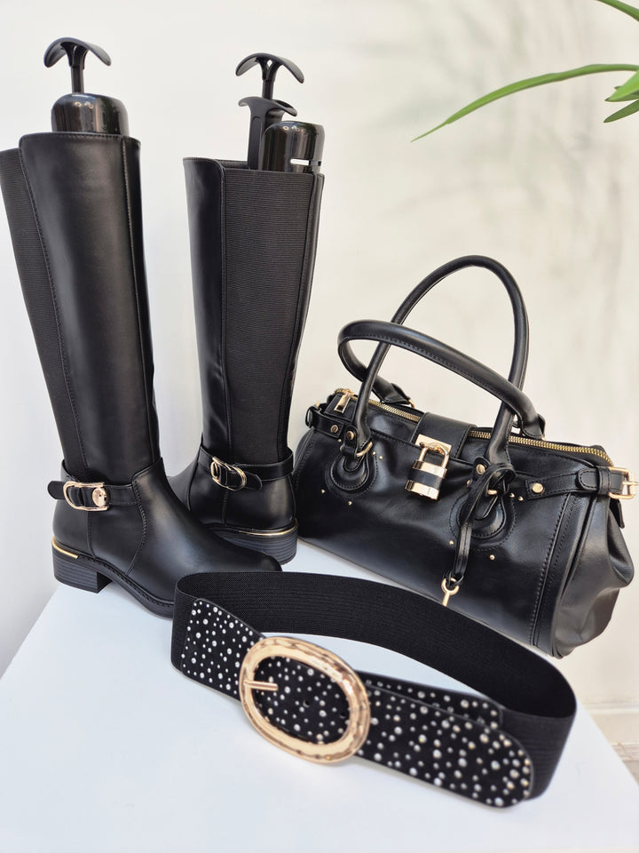 Boston Riding Boots with Elasticated Stretchy Back - Black