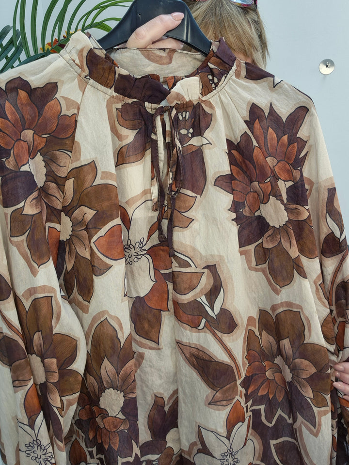 Floral Autumn Blouse - Chocolate/Wine/Stone (fits from Size 12/14 to Size 18/20)