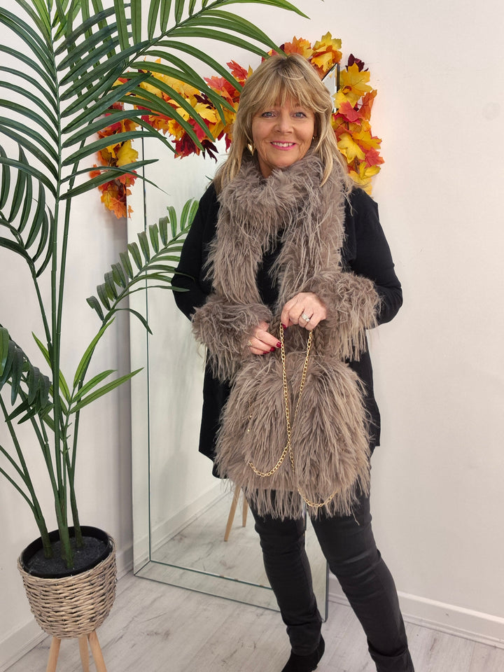 Oslo Faux Fur Shaggy Bag with Dual Handles & Chain Strap - Mocha