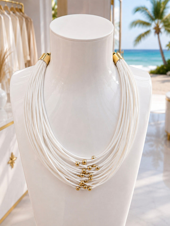 Statement Necklace - Multi Stranded with Gold Tone Beads - White/Gold