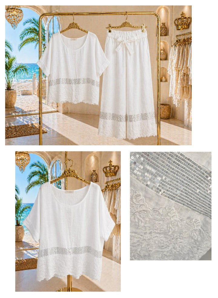 Amalfi Linen Sequin Co-ord Set (2 Piece) - (One Size, fits from Size 12 to Size 16/Small 18) - White