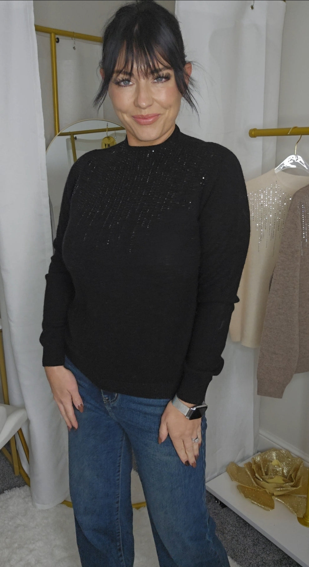 Krystle Diamante High Neck Jumper - Black (One Size, fits from Size 8 up to Size 14)
