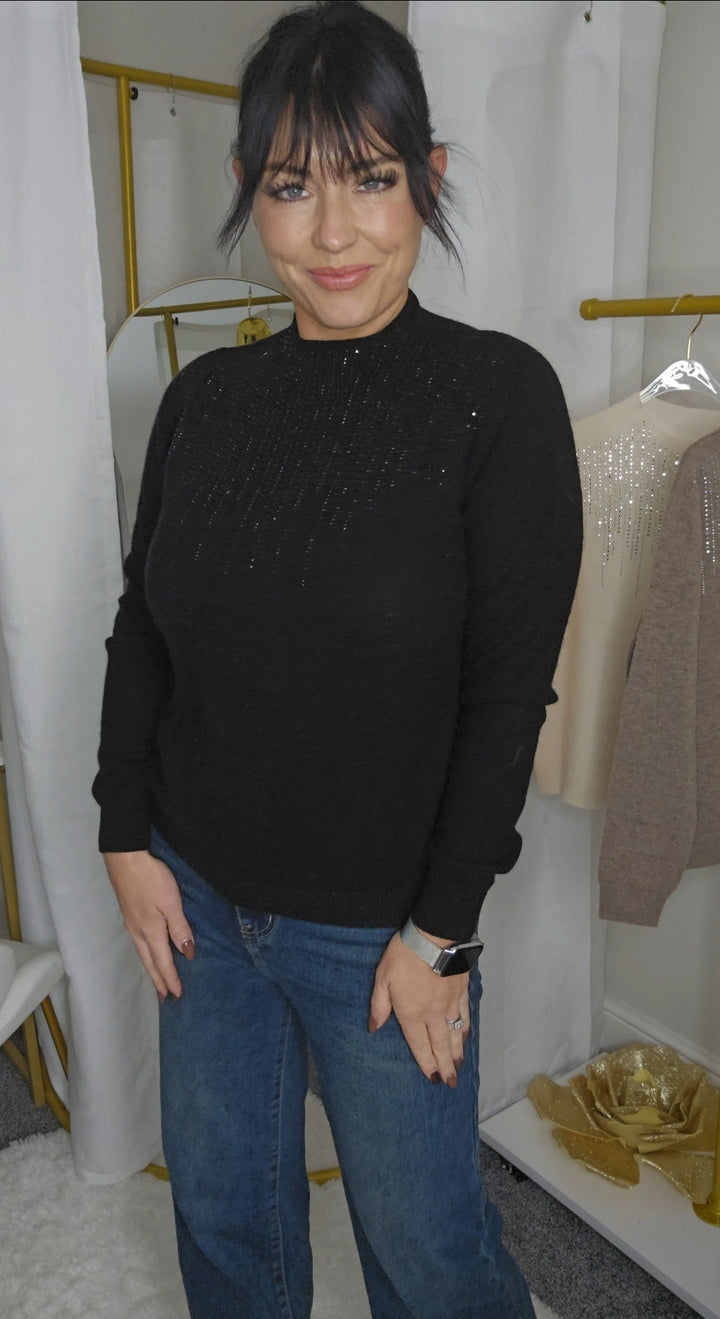 Krystle Diamante High Neck Jumper - Black (One Size, fits from Size 8 up to Size 14)