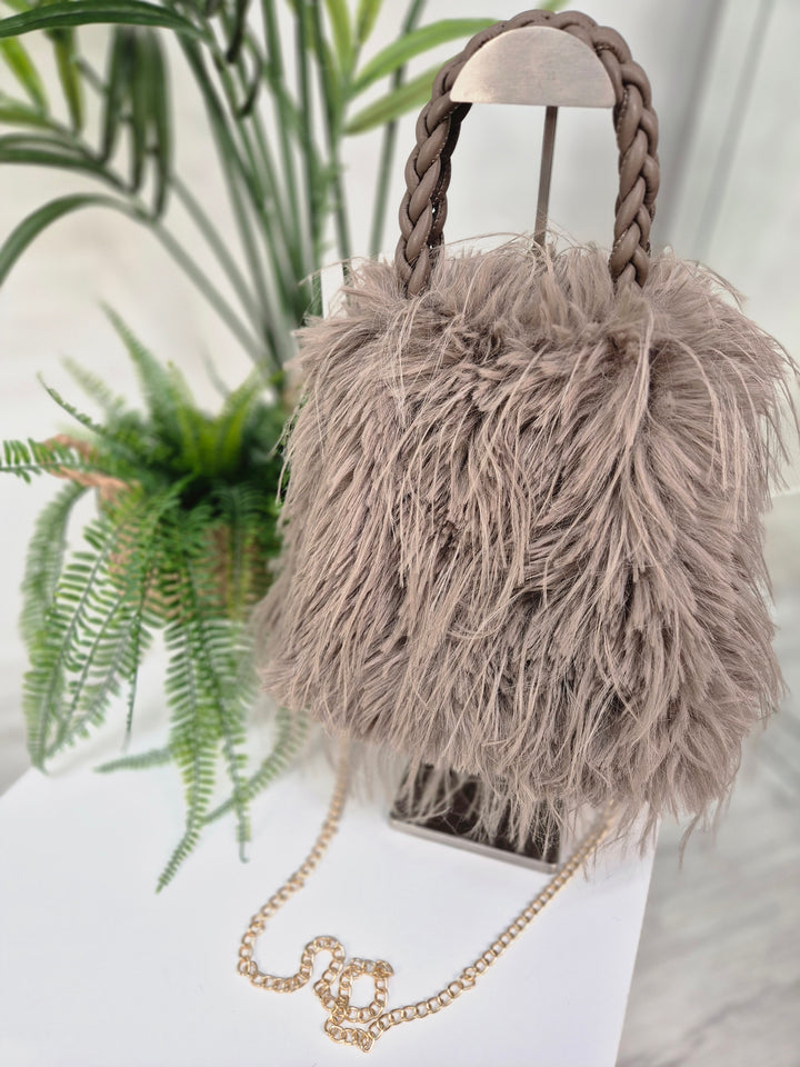 Oslo Faux Fur Shaggy Bag with Dual Handles & Chain Strap - Mocha