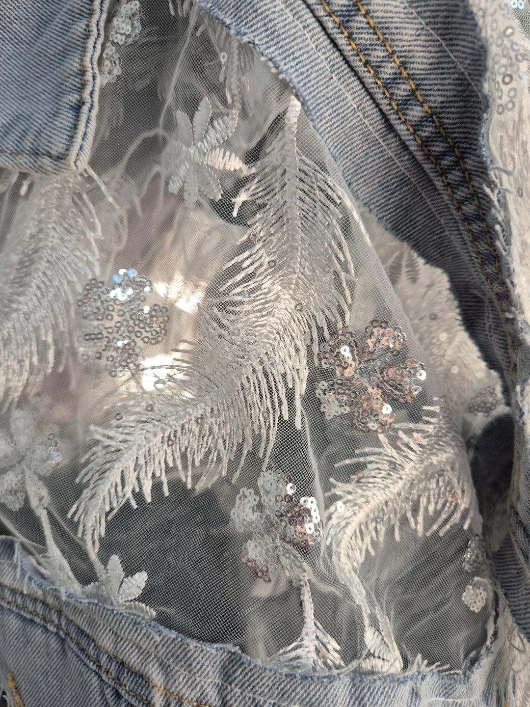 Angelina Denim Jacket with Sequins, Embroidered Feathers & Florals - (One Size - fitting Size 10 to Size 16)
